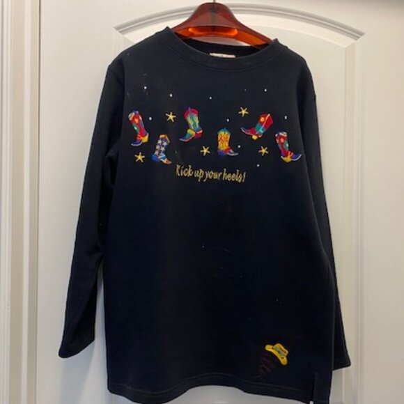 QUACKER Applique BLACK Western SWEATSHIRT "Kick Up Your Heels" BOOTS ~ M / L - Picture 1 of 6